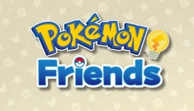 Logo of "Pokémon Friends" featuring playful lettering with a light bulb and Pokémon symbols, set against a starry background.
