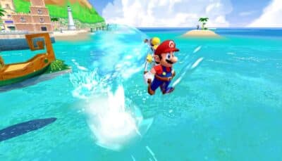 Mario jumps across vibrant blue waters, using his water pack, surrounded by tropical scenery and a boat in the background.