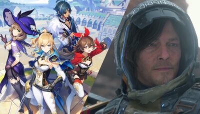 Split image showing Genshin Impact characters on the left and Sam Porter from Death Stranding 2 on the right