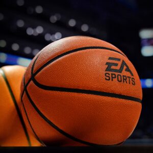 An image of a basketball with an EA Sports logo embossed on it