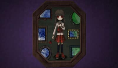 A girl with red eyes, holding a rose, stands against a dark background with abstract, colorful frames