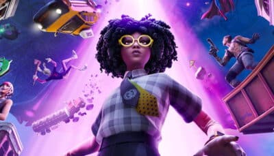 Fortnite character with curly hair and yellow glasses stands confidently in a futuristic purple glow