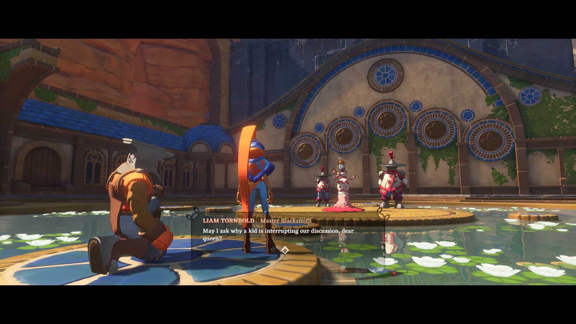 A colorful scene featuring Liam Tornbold, a blacksmith, questioning a queen about a child's interruption during a discussion by a pond