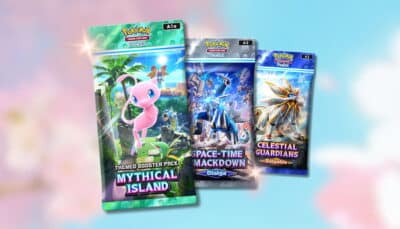 Pokémon TCG Pocket packs Mythical Island Space-Time Smackdown and Celestial Guardians