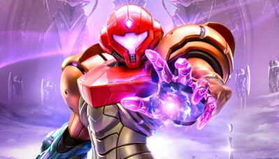 A digital illustration of Samus Aran in her iconic red armor, extending her hand to unleash a powerful energy blast.