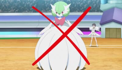 A large green and white creature with a flowing gown stands on a stadium field