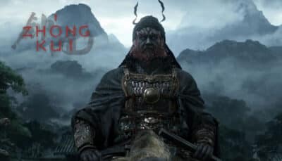 A warrior with a fierce expression, wearing ornate armor, sits against a backdrop of misty mountains and dark trees