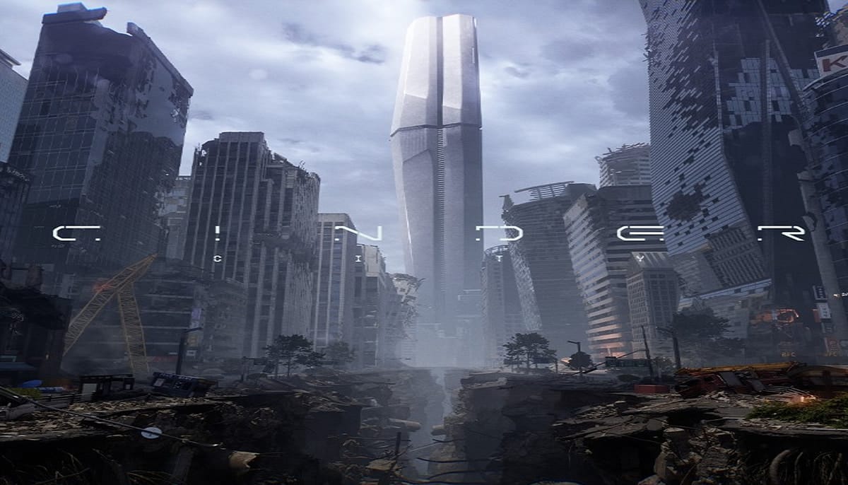 Cinder City skyline with futuristic tower in ruined Seoul