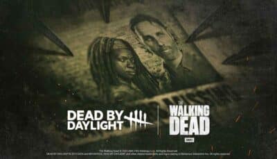 A promotional image featuring the logos of "Dead by Daylight" and "The Walking Dead," set against a dark, eerie background.