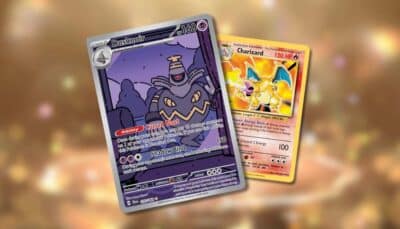 Two Pokémon cards on a blurred golden background: Dusknoir with abilities Cursed Blast and Shadow Bind, and Charizard with Energy Burn.