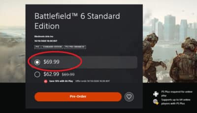 Battlefield 6 pre-order screen showing $69.99 price for the Standard Edition