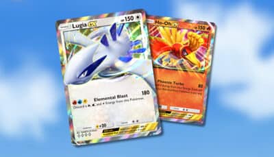 Lugia ex and Ho-Oh ex Pokémon cards from the Wisdom of Sea and Sky set, displayed against a blue sky background