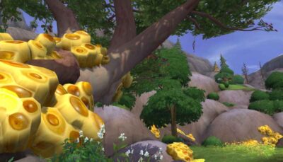 A vibrant landscape featuring a tree with bright yellow, honeycomb-like structures, surrounded by lush greenery and rocky terrain.