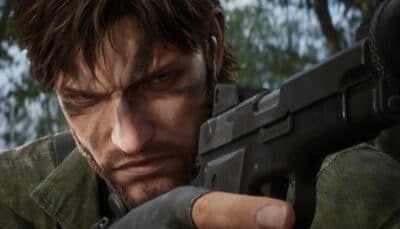 A rugged character with intense expression aims a gun, camouflaged face paint visible, set against a blurred forest background