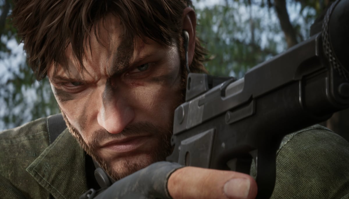 A rugged character with intense expression aims a gun, camouflaged face paint visible, set against a blurred forest background