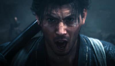 Musashi with wet hair and rugged features shouts intensely, gripping a sword on his back