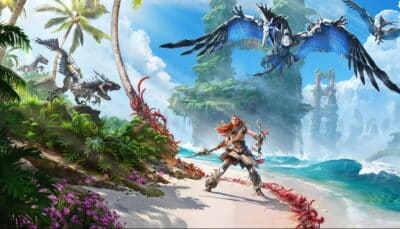 Aloy facing robotic creatures on tropical beach in Horizon Forbidden West