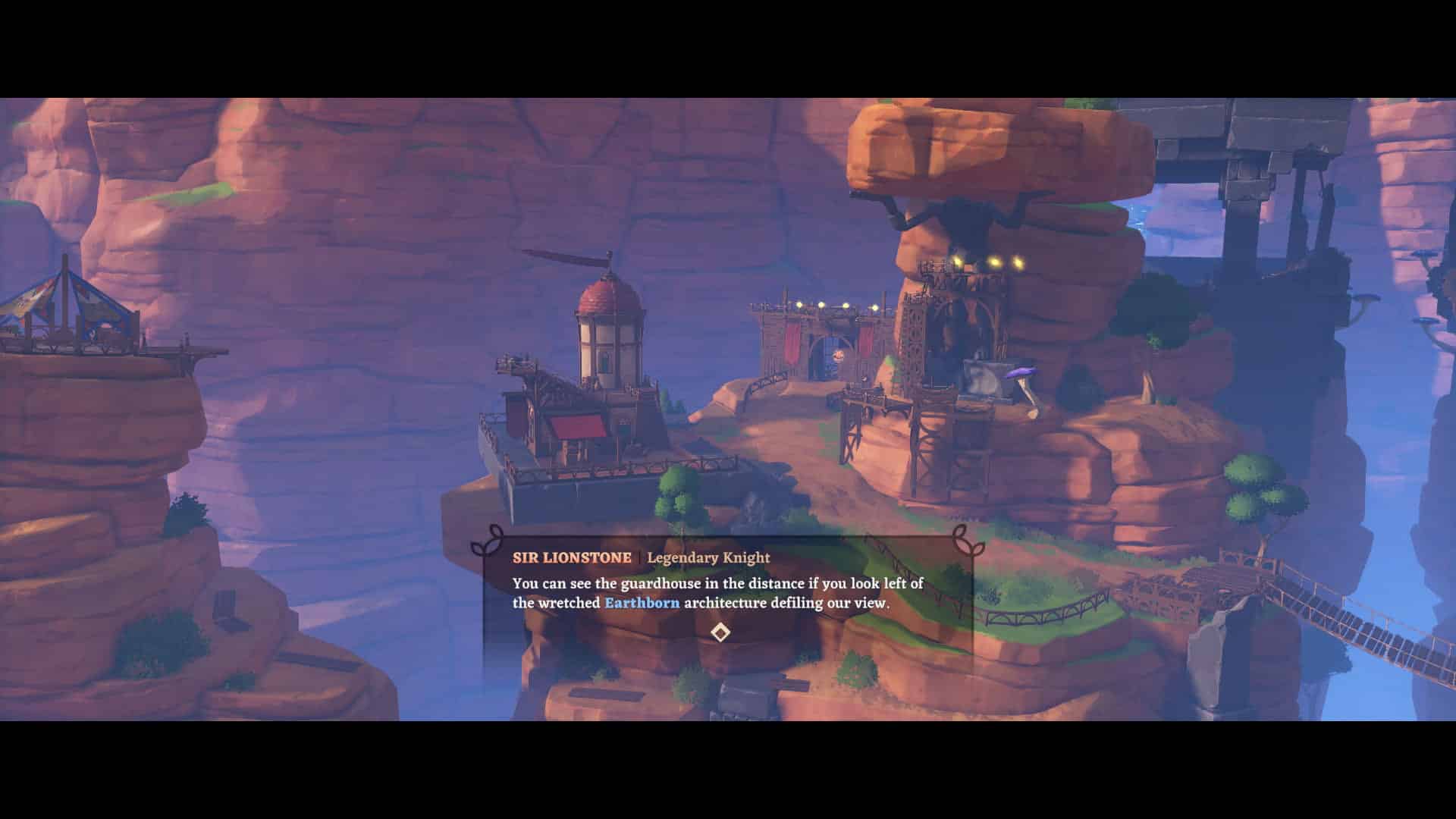 A scenic desert landscape featuring rocky cliffs and a rustic structure, with text from a character named Sir Lionstone