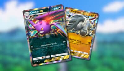 Two Pokémon cards, Crobat ex and Donphan ex, are brightly illustrated with vivid colors