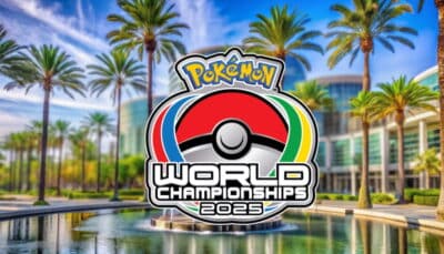 Logo for Pokémon World Championships 2025 overlaid on a sunny outdoor scene with palm trees