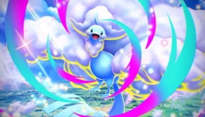 Mega Altaria artwork with fluffy clouds and bright rainbow swirls