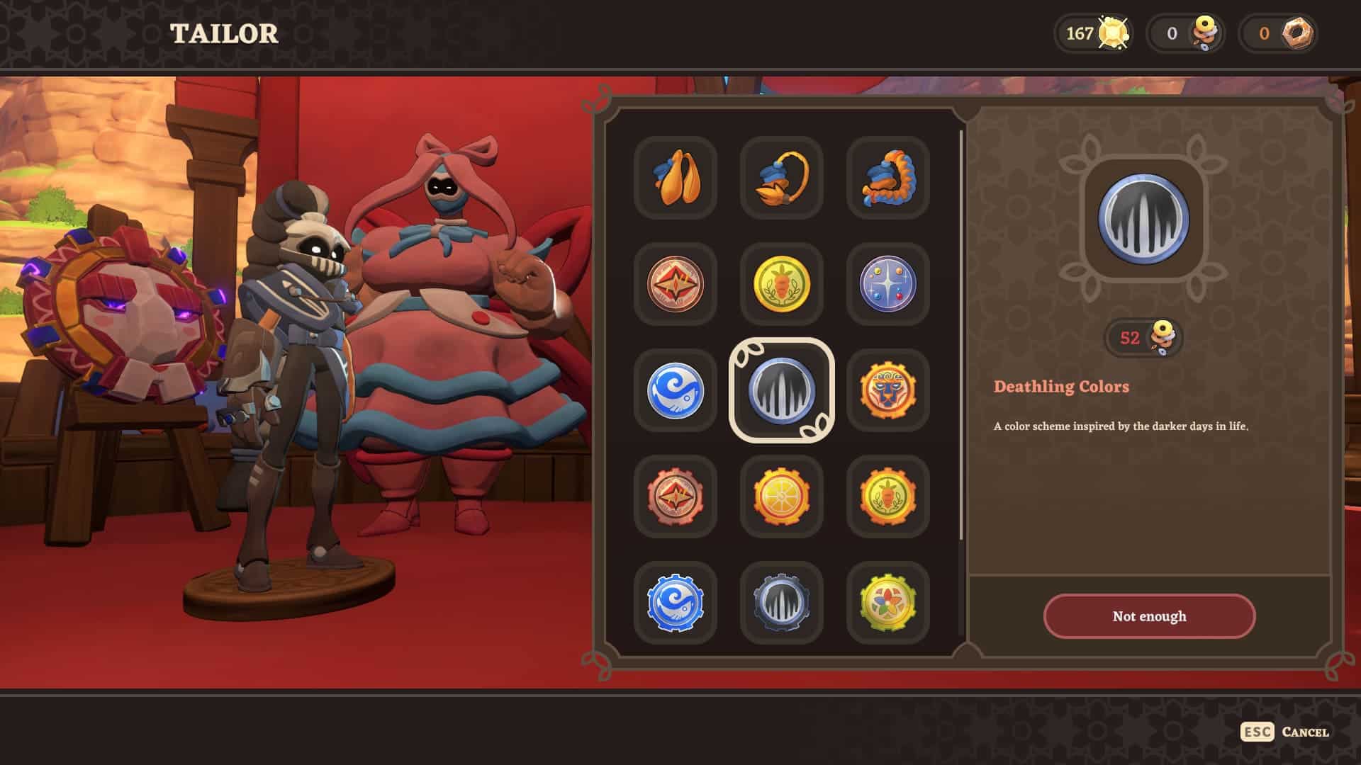 A character customization scene featuring a cloaked figure, a decorative mask, and a large, doll-like figure in a vibrant tailor shop