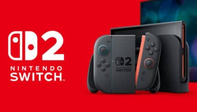 Nintendo Switch 2 advertisement with a red background. Shows console with Joy-Con controllers and screen