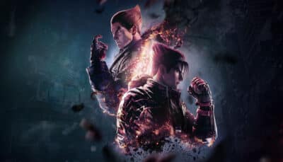 Two intense, muscular characters stand back-to-back against a dark, smoky background