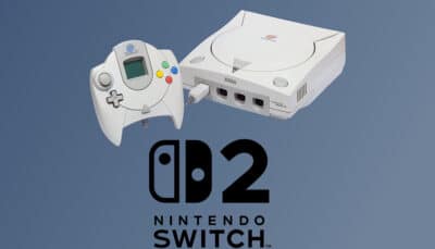 Image of a Sega Dreamcast console with its controller above the Nintendo Switch 2 logo on a blue background.