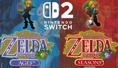 Promotional image for 'The Legend of Zelda: Oracle of Ages and Seasons' on Nintendo Switch. Features game's logos with colorful backgrounds and character illustrations, conveying an adventurous, nostalgic tone