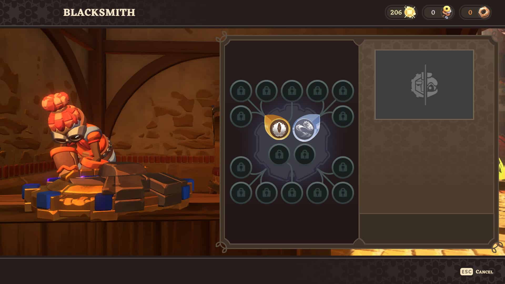 A cartoonish blacksmith with orange hair works at an anvil, while a skill tree menu shows locked upgrades on the right side