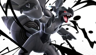 A dynamic image of a gray robotic dragon with red eyes and black energy swirls