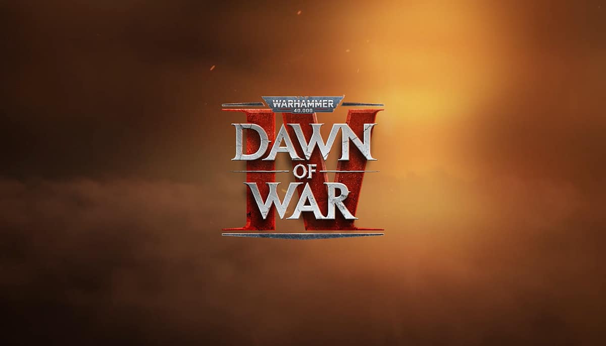 Dawn of War 4 logo on a dramatic orange sky background