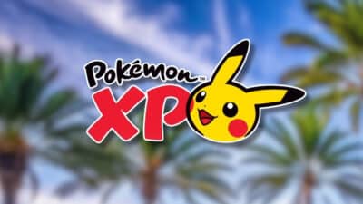 PokémonXP logo with Pikachu face on blurred palm tree background