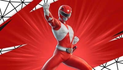 A heroic Red Ranger poses triumphantly against a vibrant red background, showcasing his iconic suit and powerful stance.