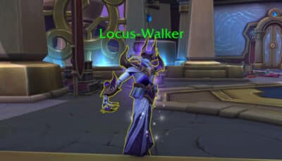 A mystical character named "Locus-Walker" in a detailed robe stands in an ornate, glowing room with futuristic designs