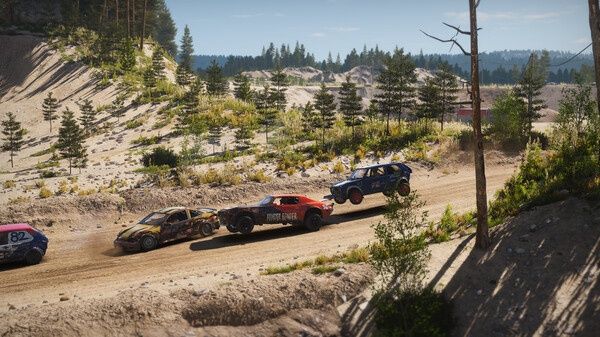 Cars racing on a dirt track in Wreckfest 2
