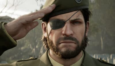 Big Boss with eyepatch saluting in military uniform