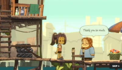 Dancing with Ghosts scene featuring a girl with brown hair and orange shorts on a wooden platform, talking to a smiling person saying, "Thank you so much"