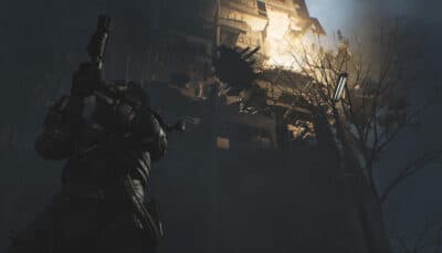 The Traveler looking up at a collapsing building in Cronos The New Dawn