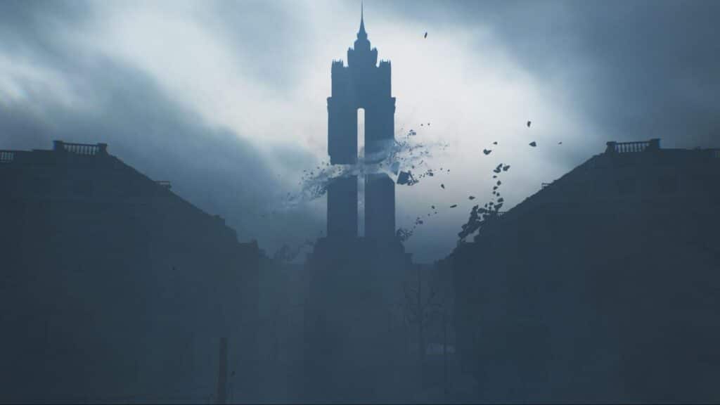 Tower crumbling in fog during The Change in Cronos The New Dawn