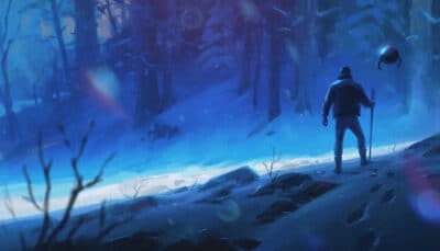 Man with staff and robot companion walking through blue-lit winter woods in Arctic Awakening