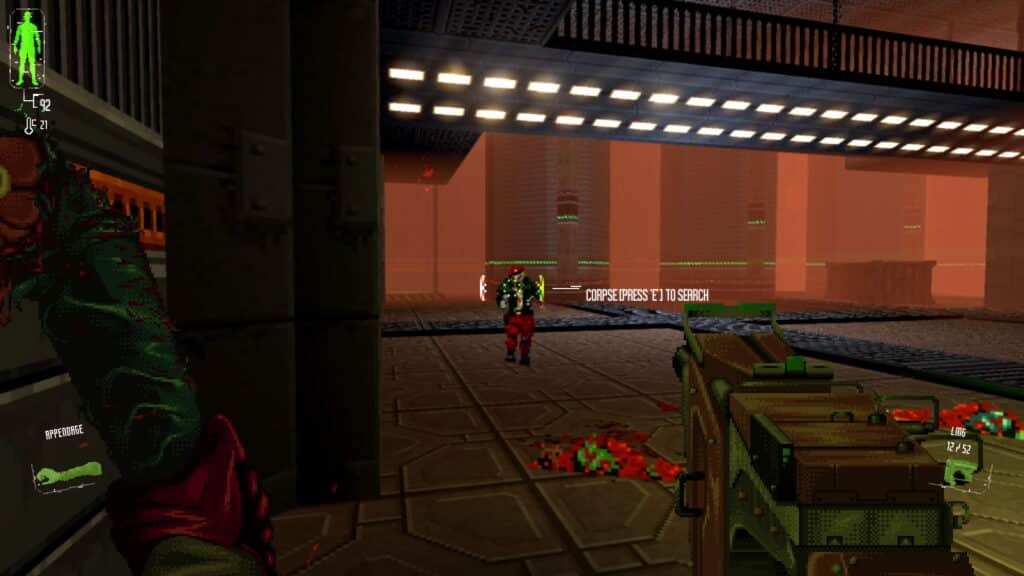 First-person shooter view aiming at an enemy in a red-lit sci-fi arena