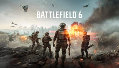 Soldiers overlooking burning city with jets and explosions in Battlefield 6 artwork.