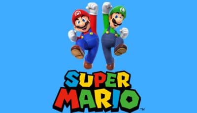 Mario and Luigi jumping with colorful Super Mario logo on blue background