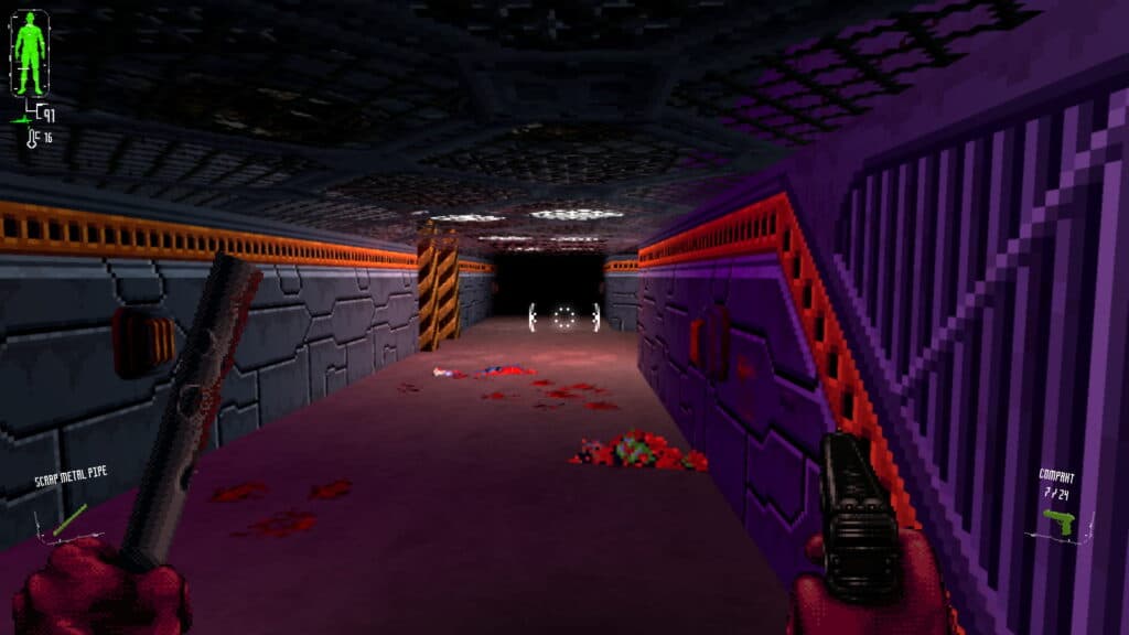 First-person view holding a pipe and pistol in a dark sci-fi corridor with bloodstains