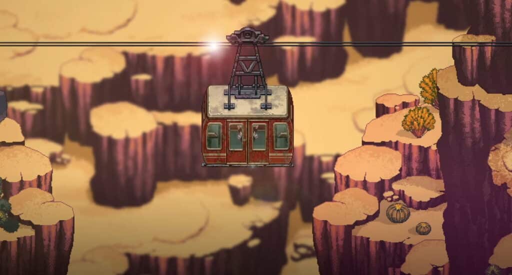 Pixel art cable car crossing a canyon in HYKE: Northern Light(s)