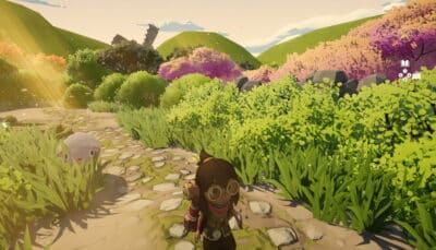 Character Dara walking along a stone path with sheep and colorful bushes