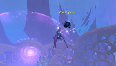 Player on M’arla flying near a floating black Void Spore at the top of Eco-Dome Primus