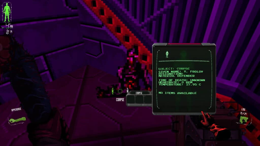 First-person view examining a corpse with a digital scanner displaying death details